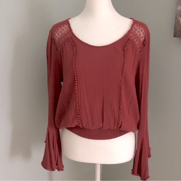 Express Rayon Bell Sleeve Scoop Neck Elastic Waist Blouse Crochet Detail Sz. Sm - Picture 9 of 15